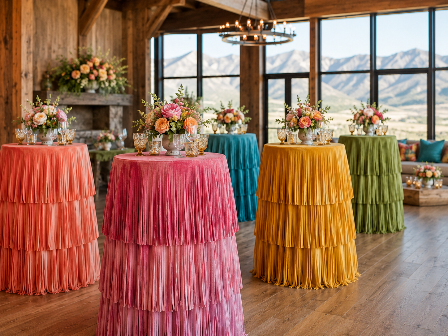 Colorful tiered tablecloths with floral arrangements in a room with large windows and mountain views.