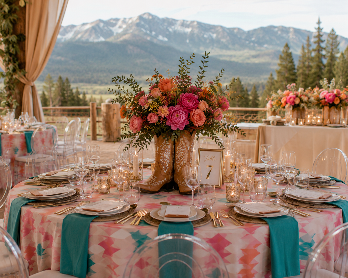 Decorated table with floral centerpiece and mountain view
